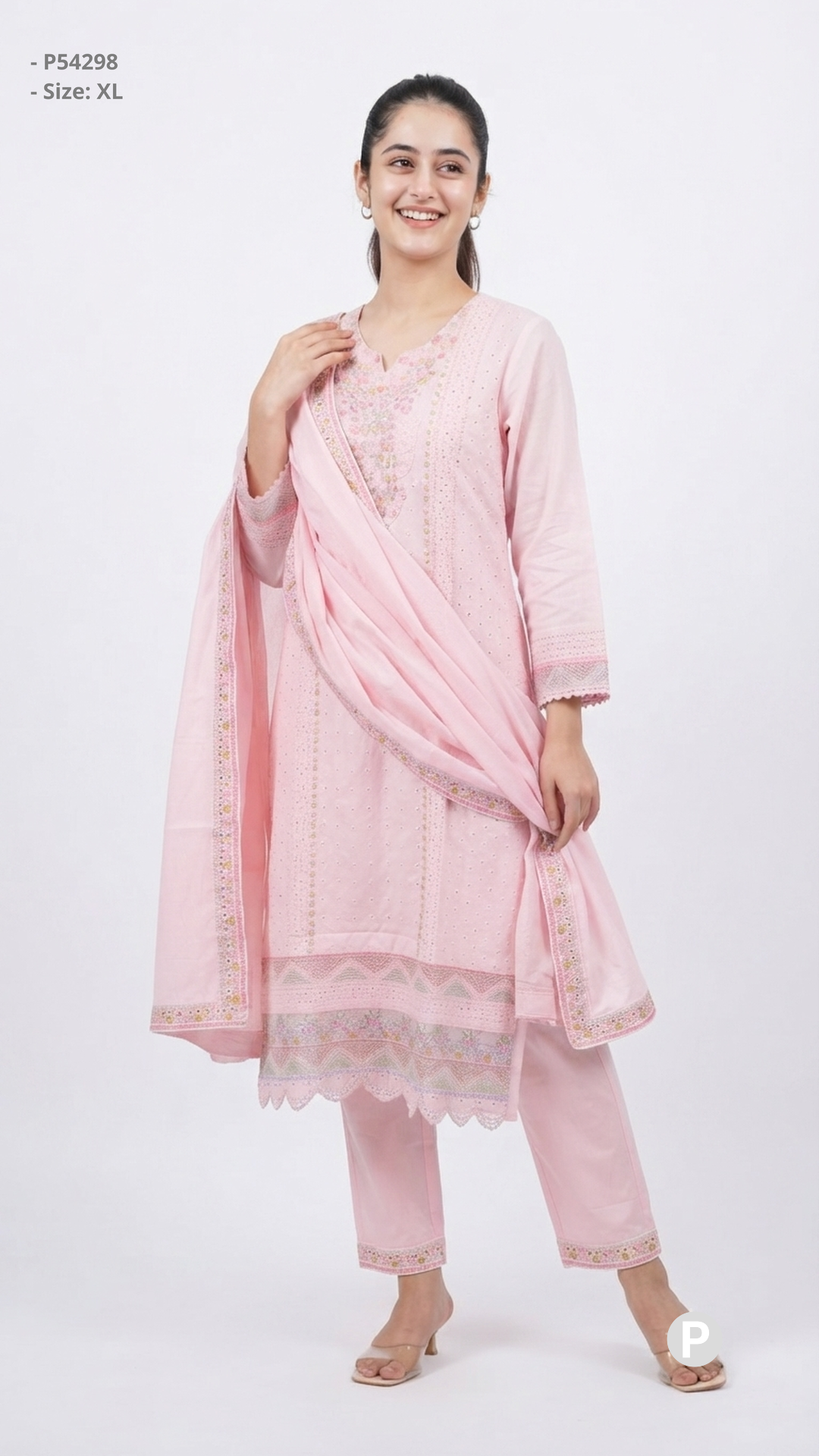 Pink Cotton Embroidered Kurti Set | P54298