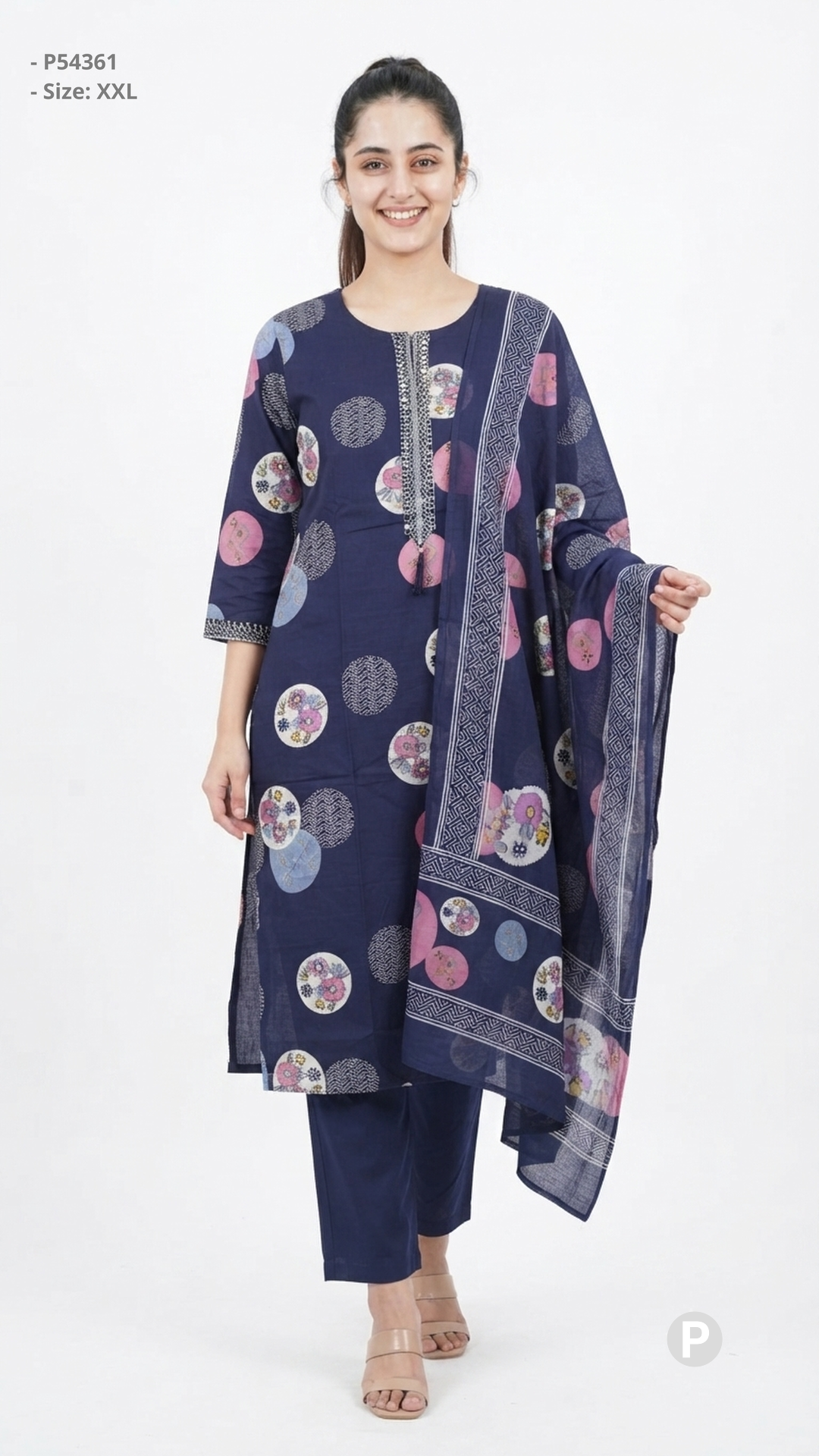 Navy Blue Cotton Printed Kurti Set | P54361