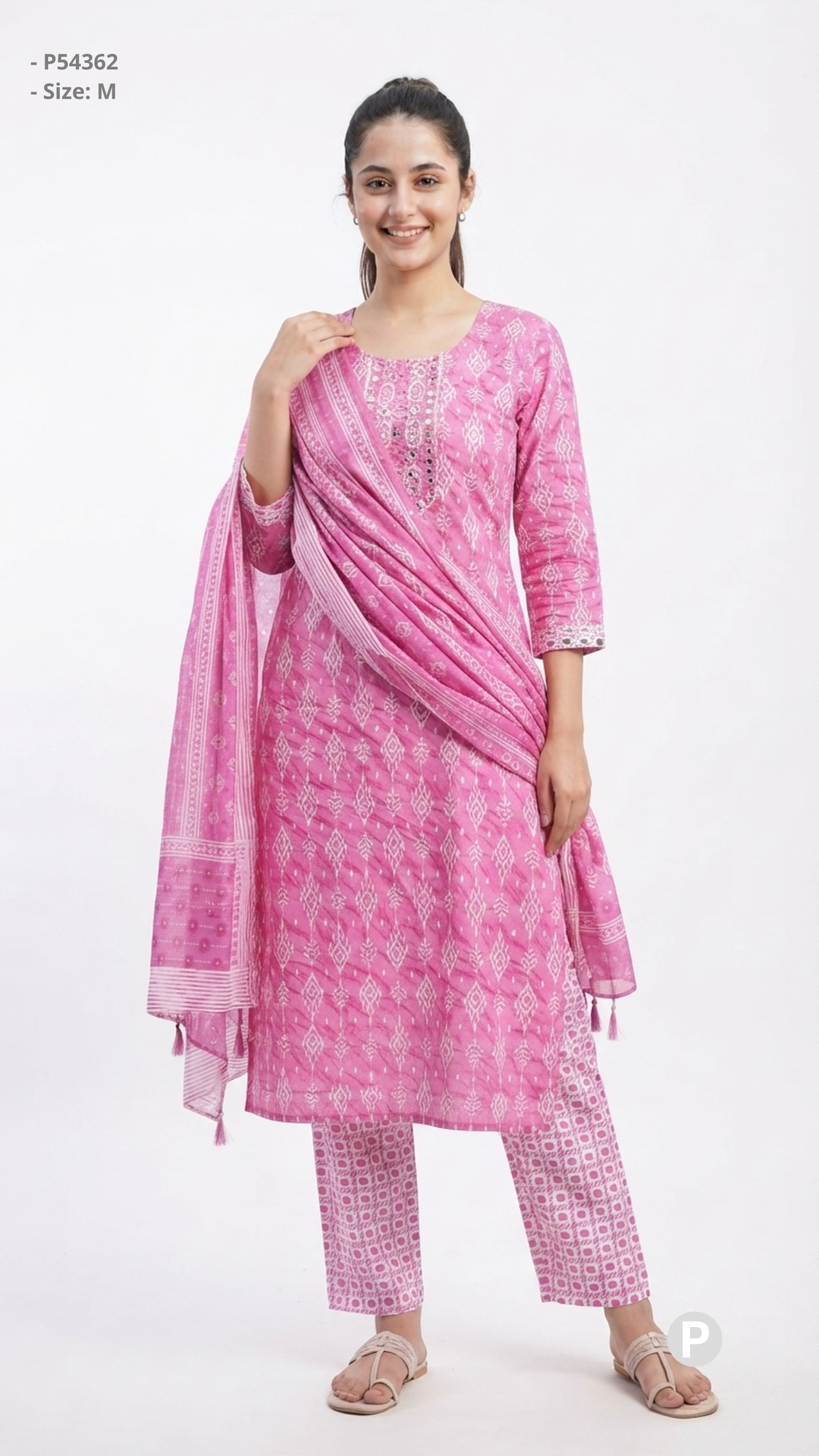 Pink Cotton Printed Kurti Set | P54362