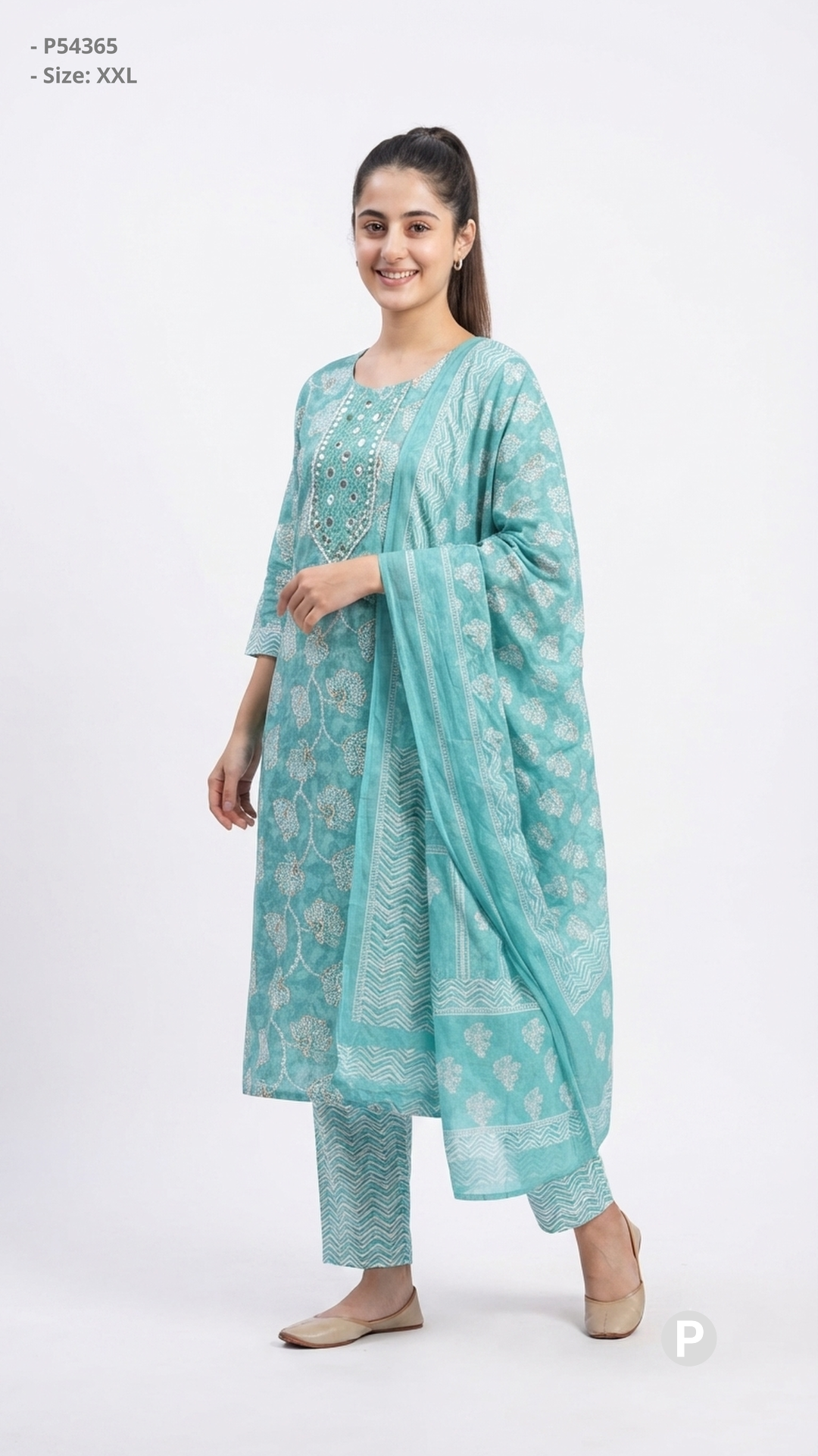 Light Blue White Cotton Printed Kurti Set | P54365