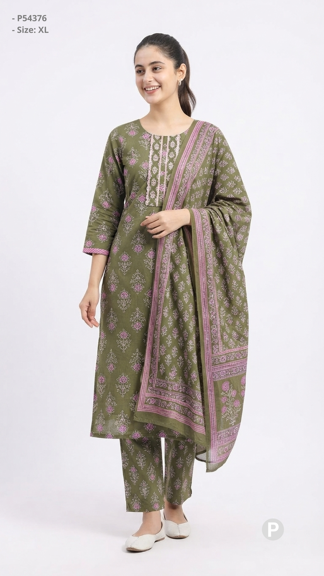 Olive Cotton Printed Kurti Set | P54376