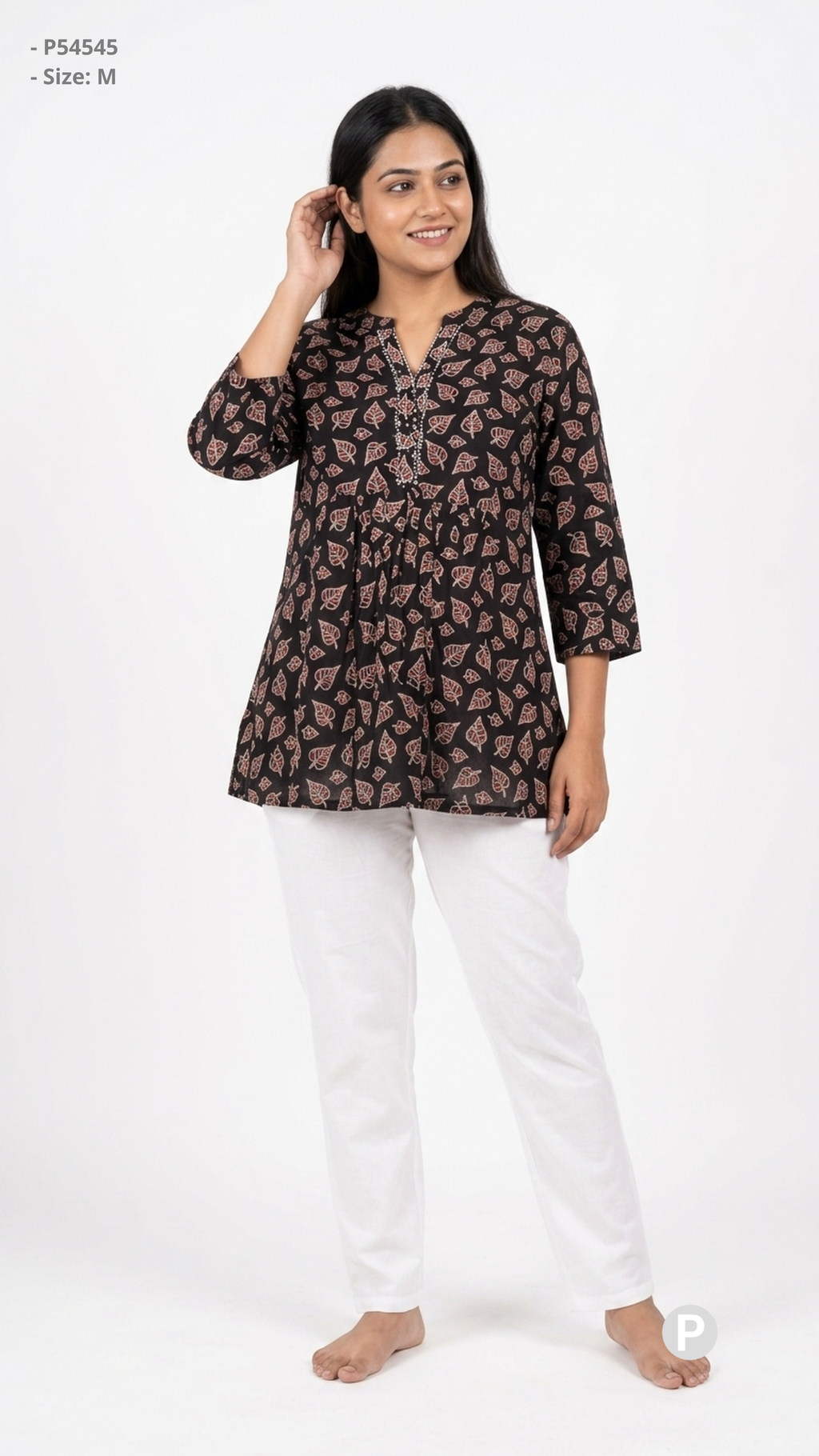 Black Cotton Printed Short Kurti | P54545