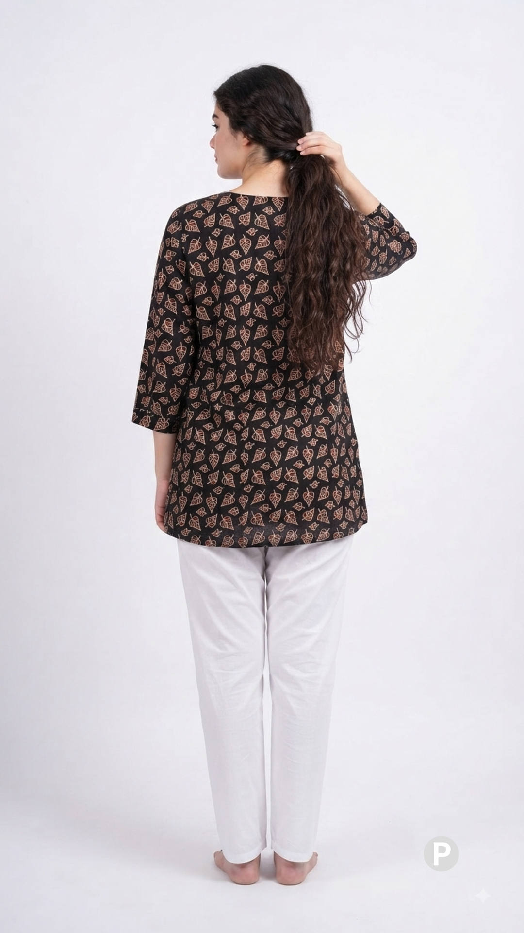 Black Cotton Printed Short Kurti | P54545