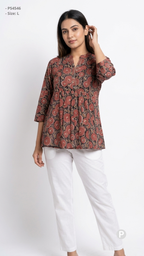 Red Cotton Printed Short Kurti | P54546