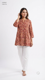 Red Cotton Printed Short Kurti | P54547