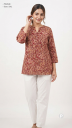 Red Cotton Printed Short Kurti | P54548