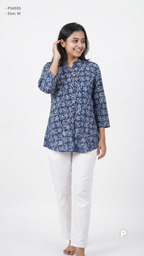 Blue Cotton Printed Short Kurti | P54555