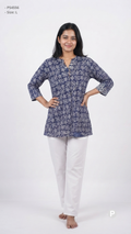 Dark Blue Cotton Printed Short Kurti | P54556