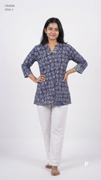 Dark Blue Cotton Printed Short Kurti | P54556
