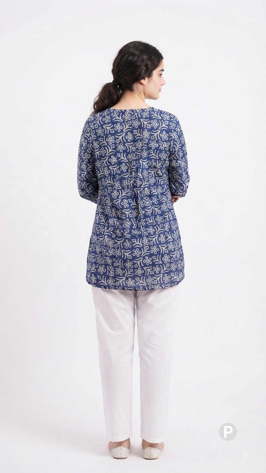 Dark Blue Cotton Printed Short Kurti | P54556