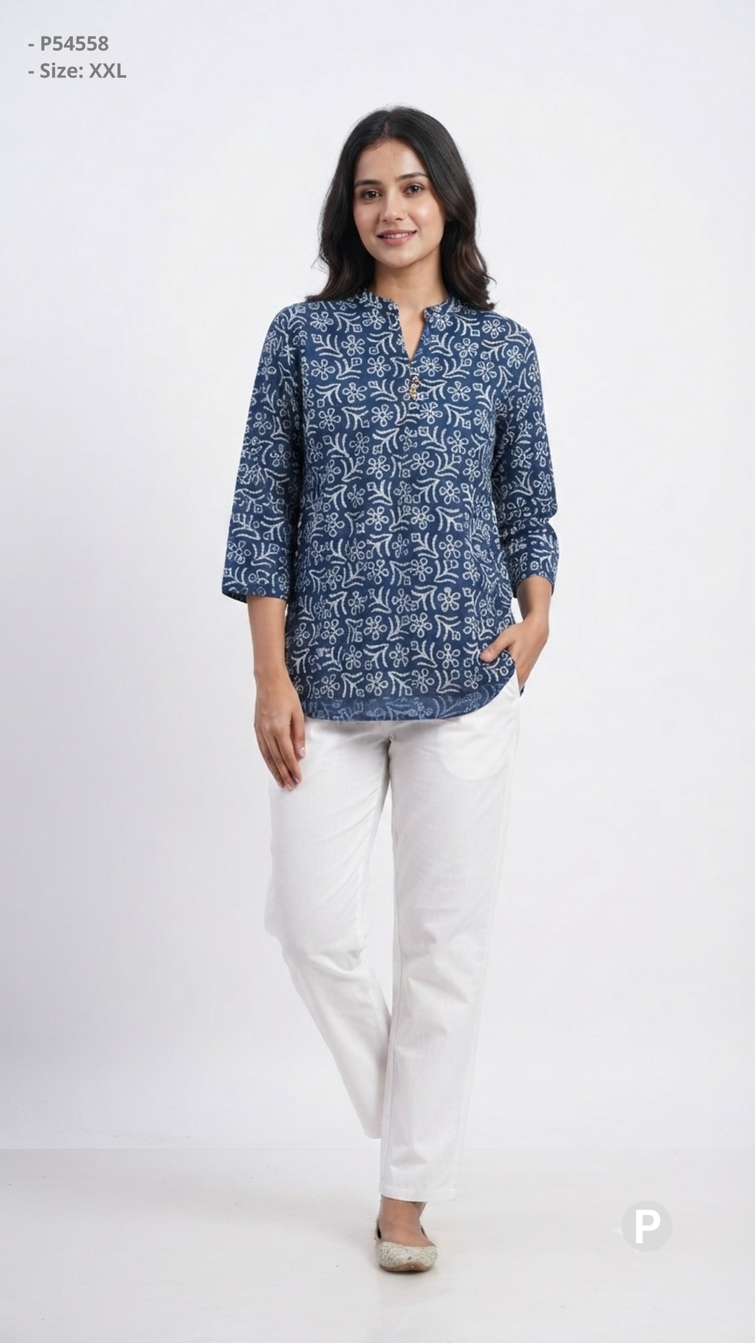 Blue Cotton Printed Short Kurti | P54558