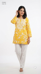 Yellow Cotton Printed Short Kurti | P54562