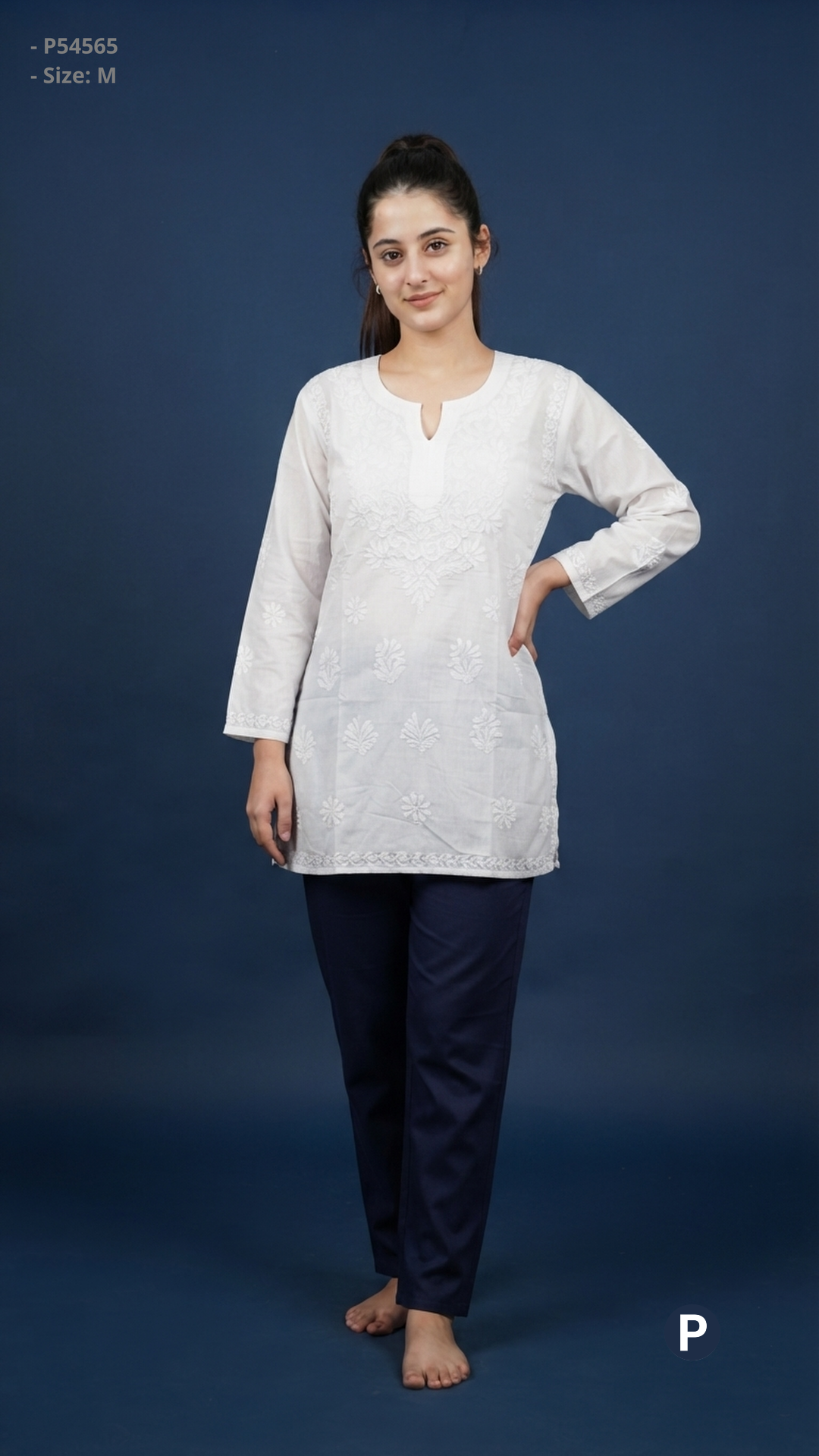 White Cotton Chikankari Short Kurti | P54565