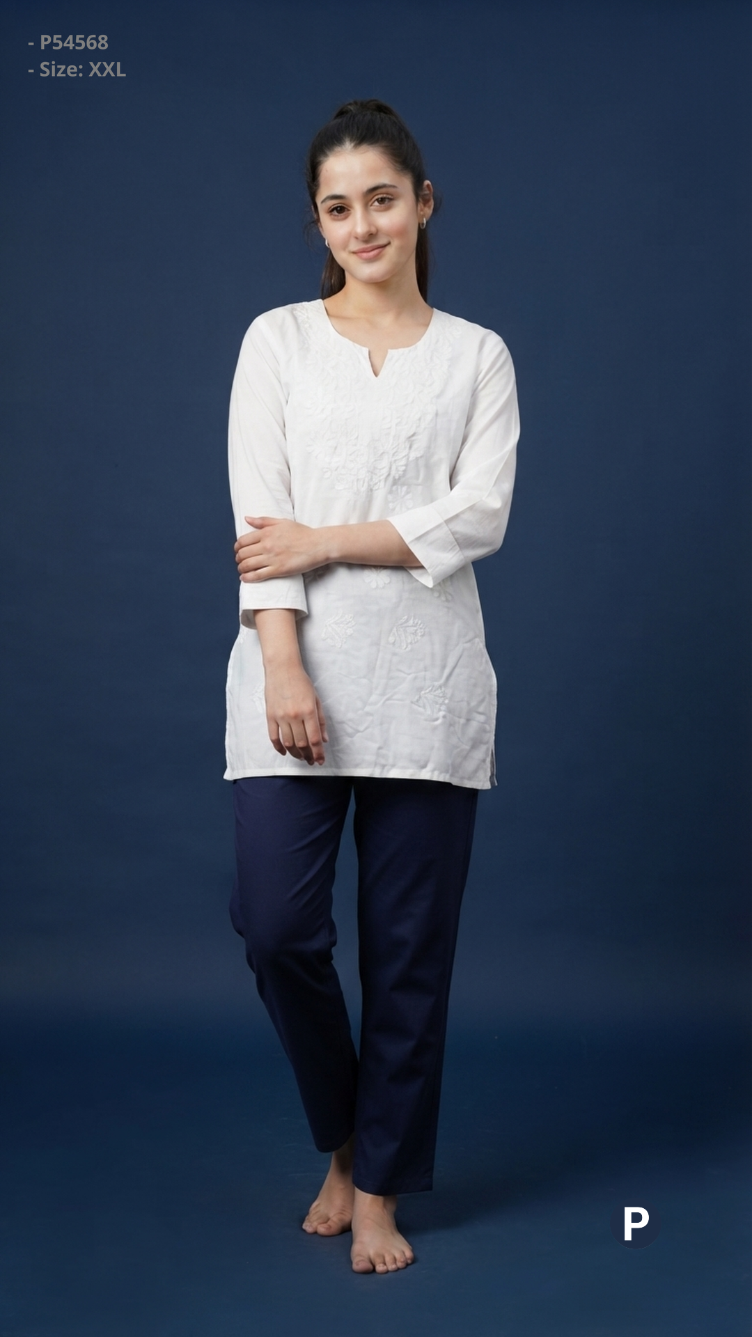 White Cotton Chikankari Short Kurti | P54568