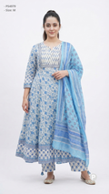 Light Blue White Cotton Printed Kurti Pant Dupatta Set | P54979