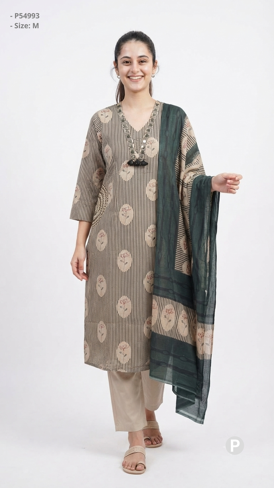 Beige Cotton Printed Kurti Set | P54993