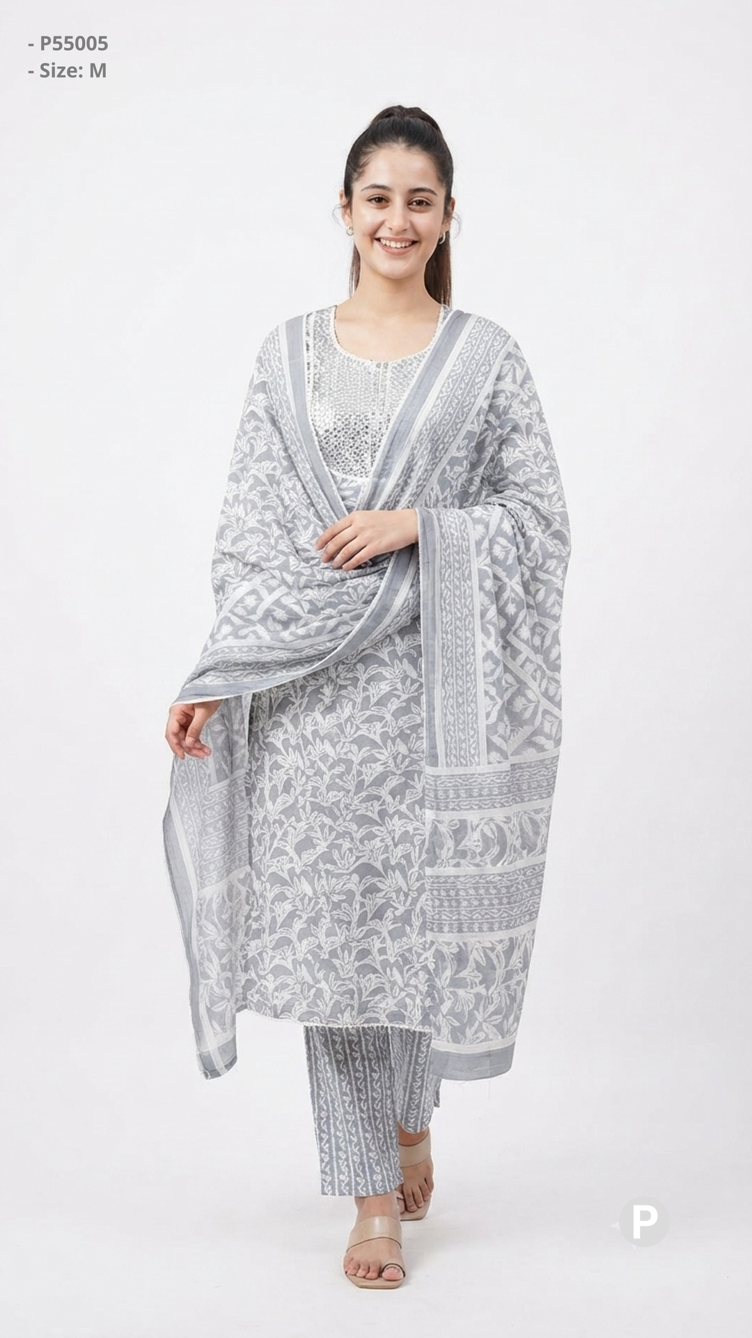 Grey Cotton Printed Kurti Set | P55005