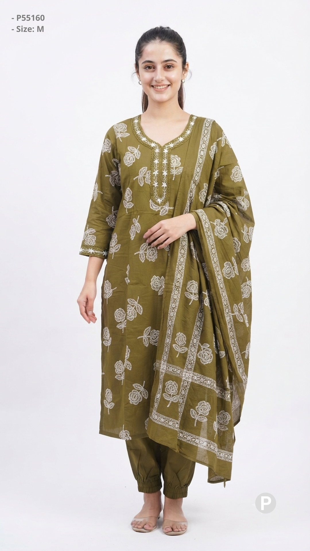 Olive Cotton Printed Kurti Set | P55160