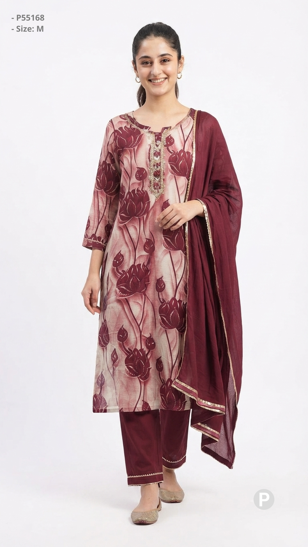 Maroon Cotton Printed Kurti Set | P55168