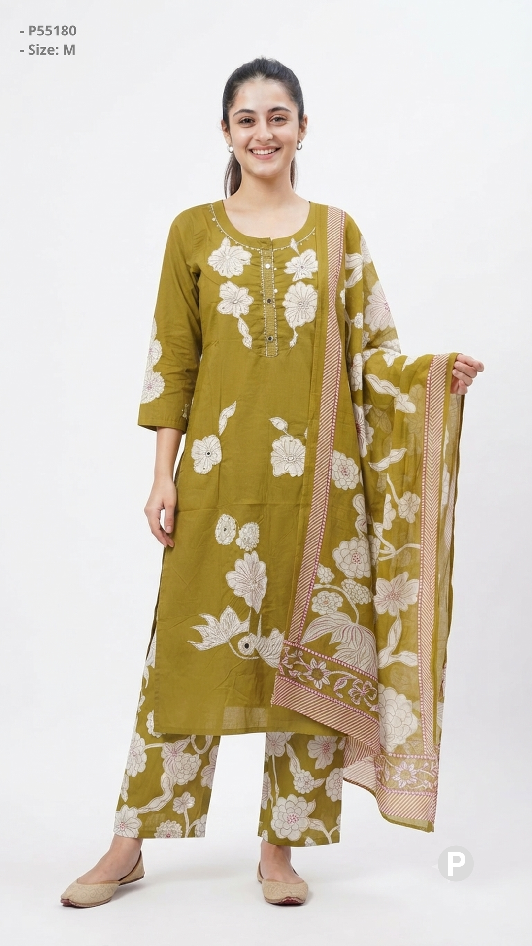 Olive Green Cotton Printed Kurti Set | P55180