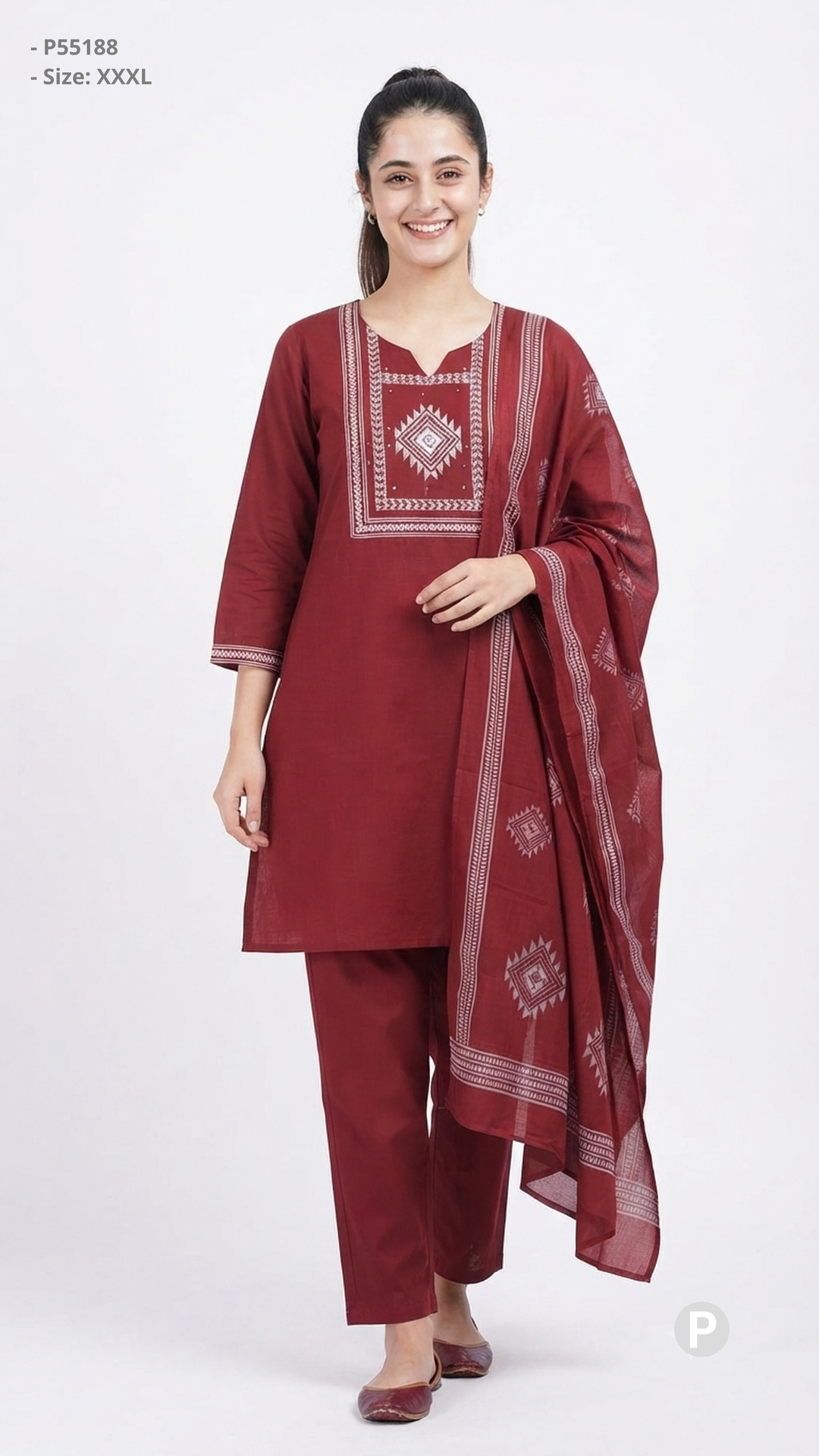 Maroon Cotton Printed Kurti Set | P5188