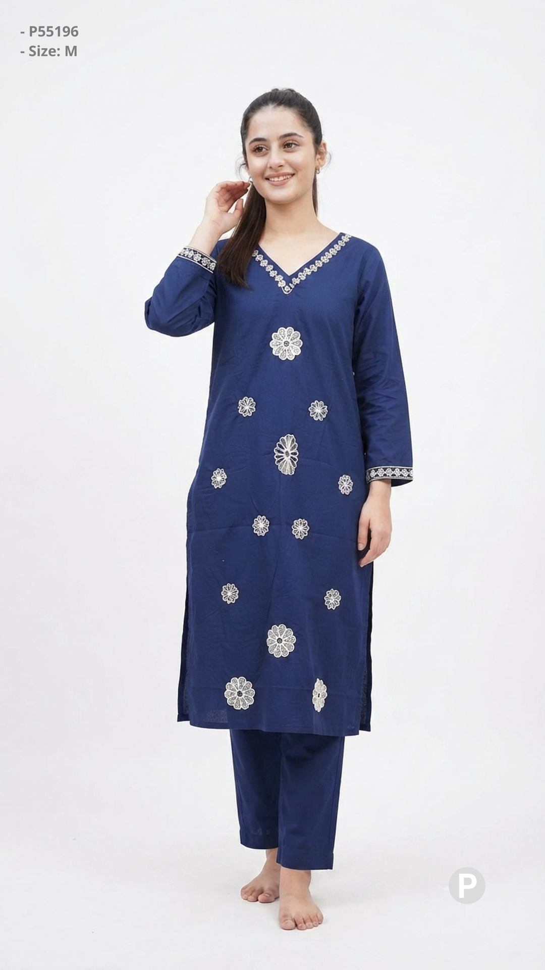 Navy Blue Cotton Embroidered Kurti Set | P55196