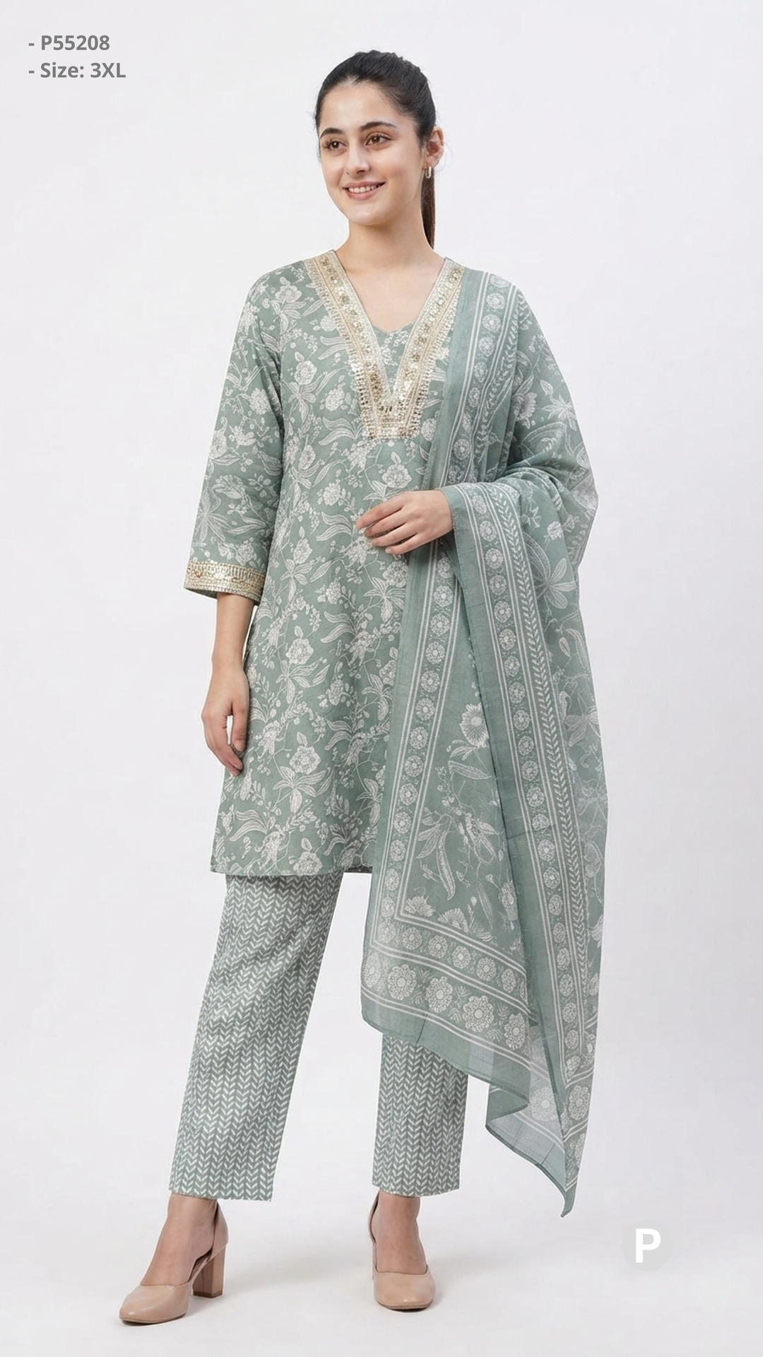 Light Green Cotton Printed Short Kurti| P55208