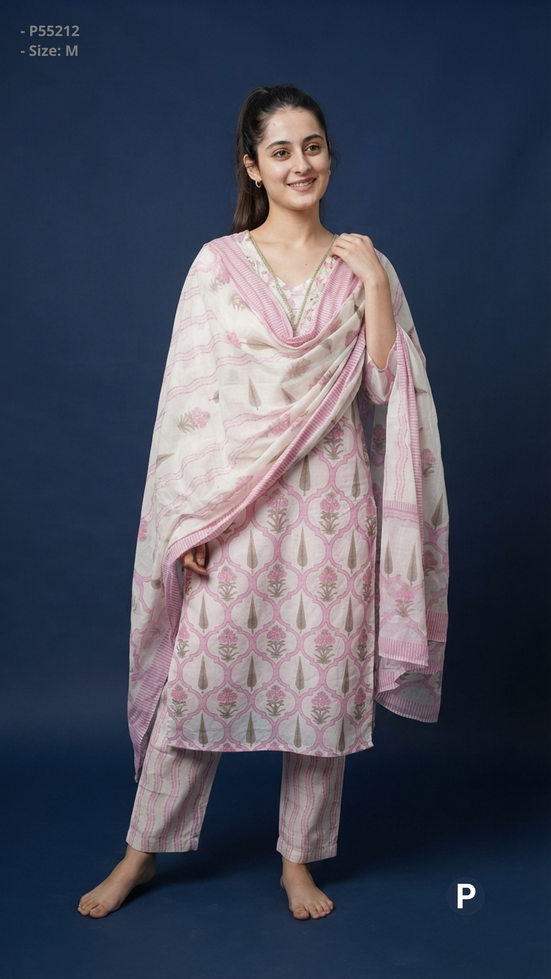 White Pink Cotton Printed Kurti Set | P55212