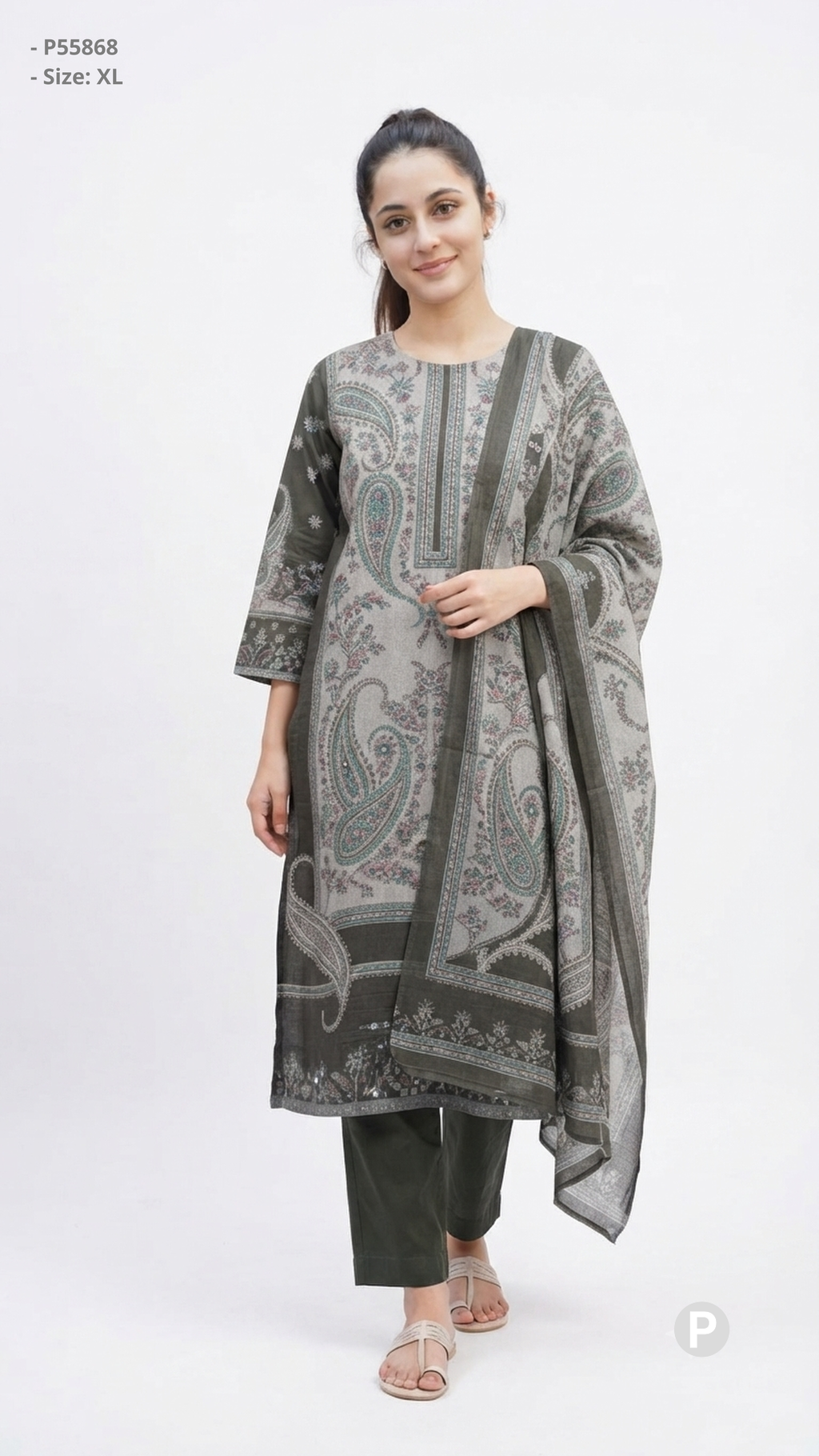 Olive Green Cotton Printed Kurti Set | P55868