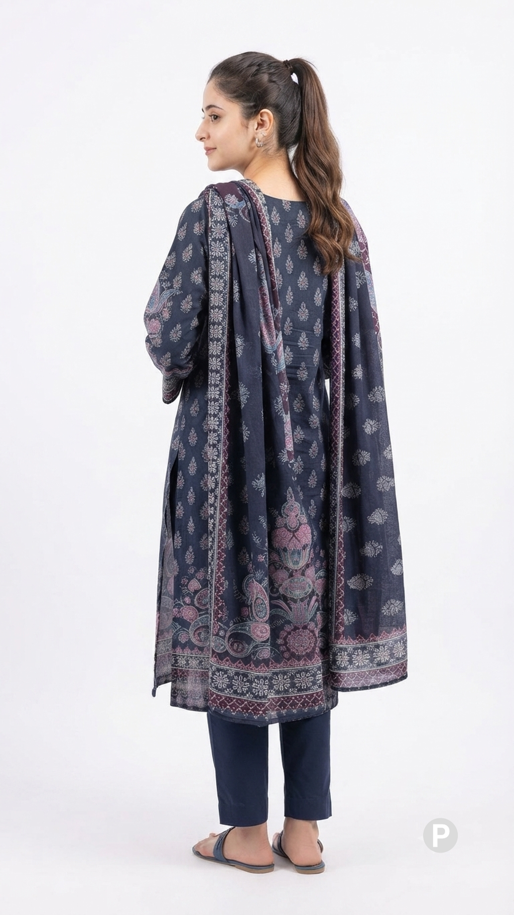 Navy Blue Cotton Printed Kurti Set | P55869