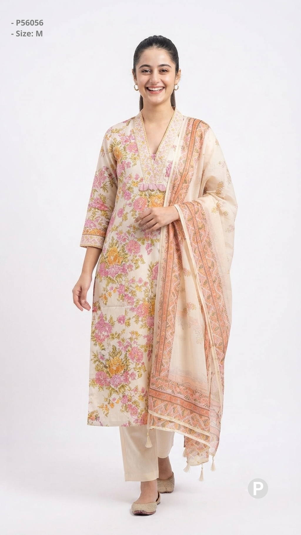 Off White Cotton Printed Kurti Set | P56056