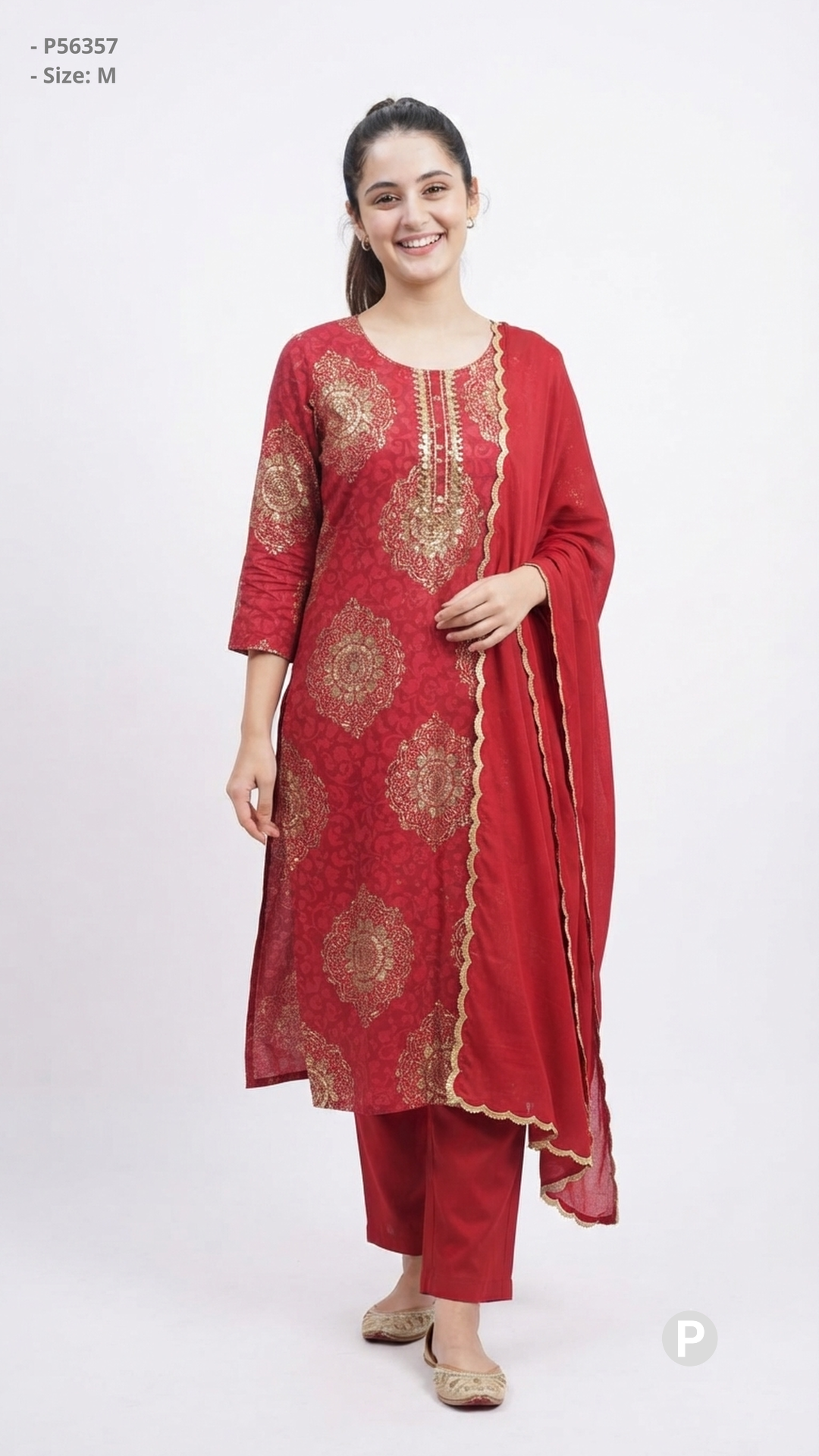 Red Gold Cotton Printed Kurti Set | P56357