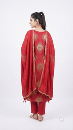 Red Gold Cotton Printed Kurti Set | P56357