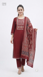 Dark Red Cotton Printed Kurti Set | P56365