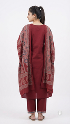Dark Red Cotton Printed Kurti Set | P56365