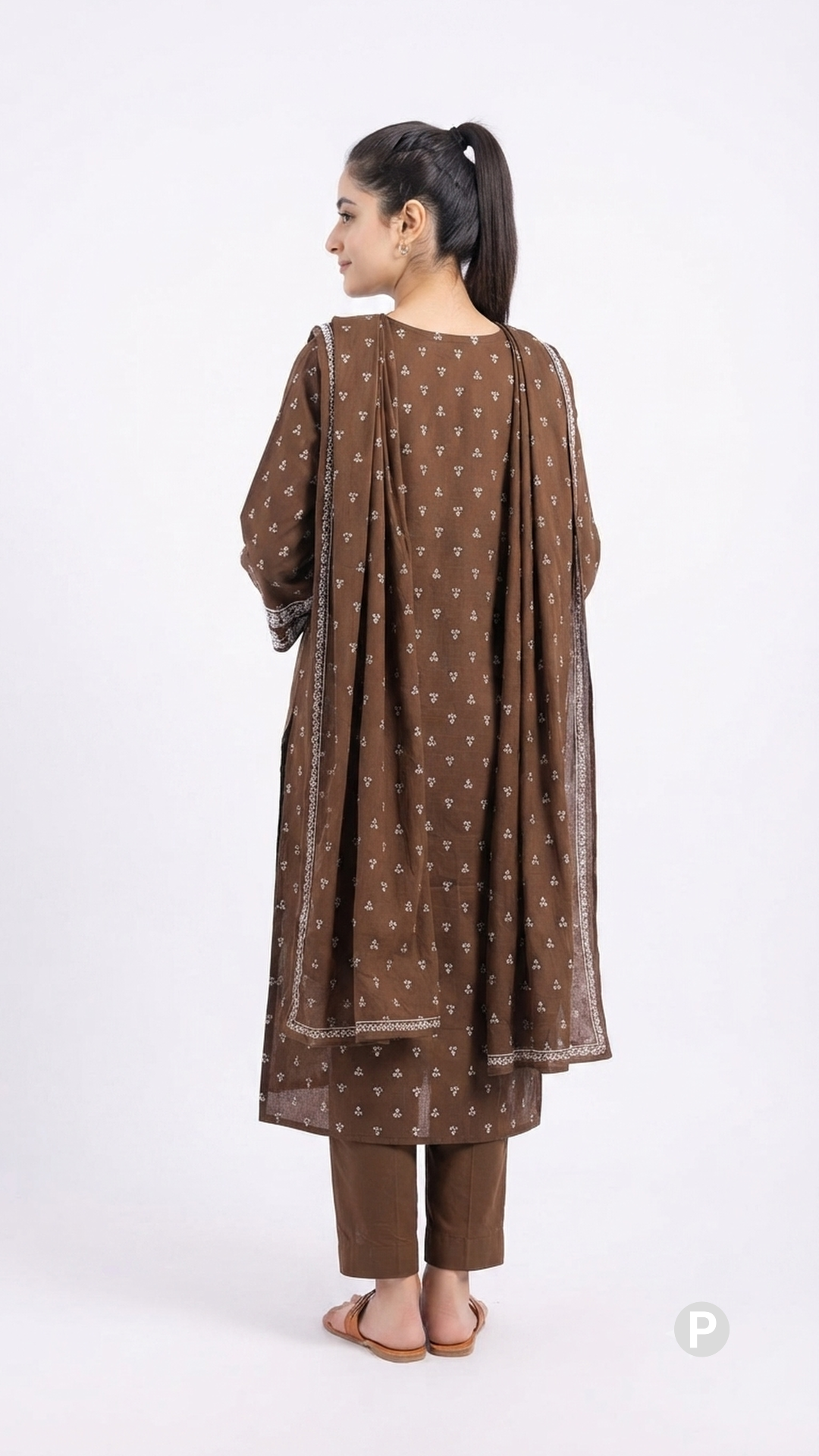Brown Cotton Printed Kurti Set | P56369