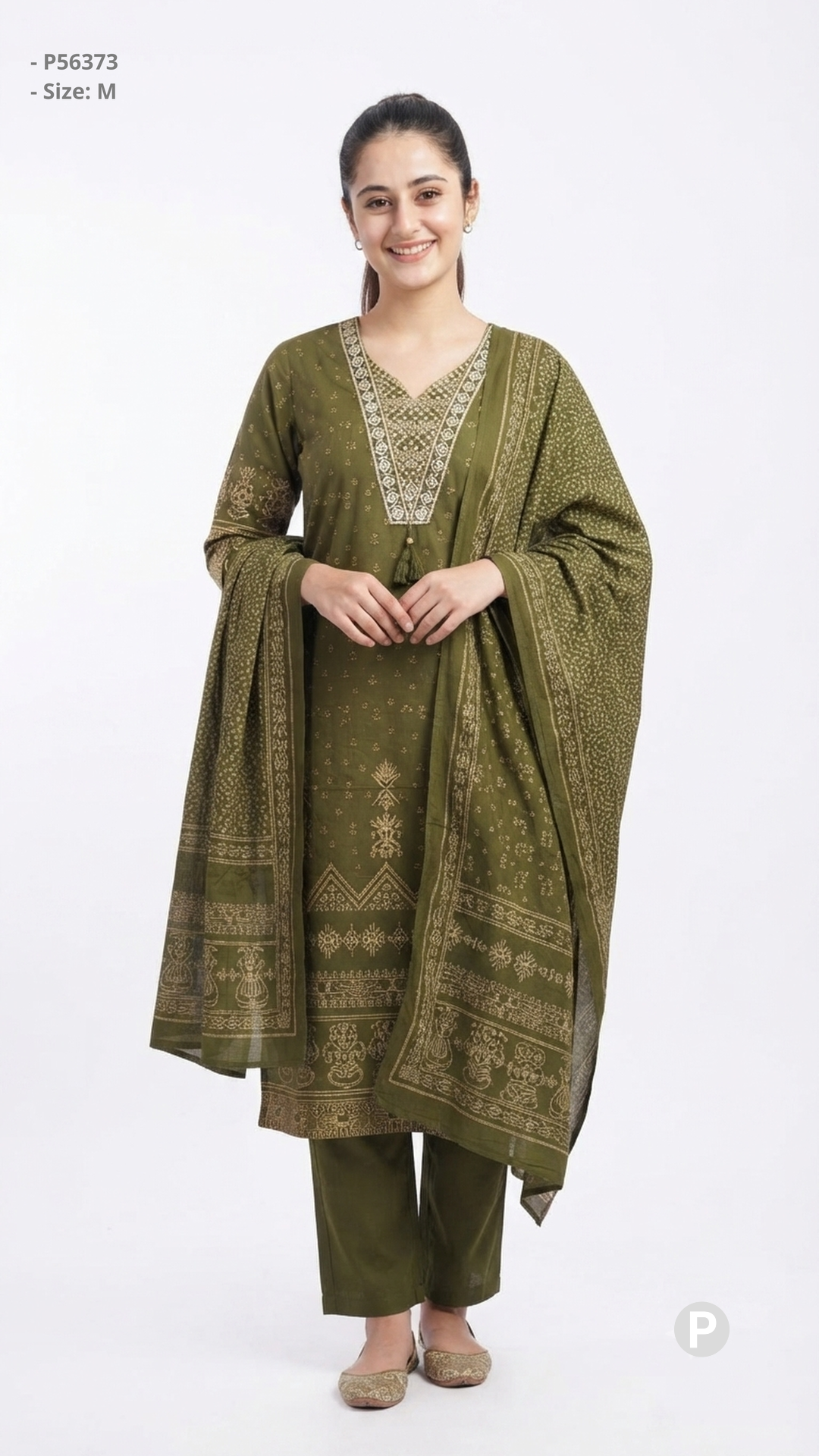Olive Cotton Printed Kurti Set | P56373