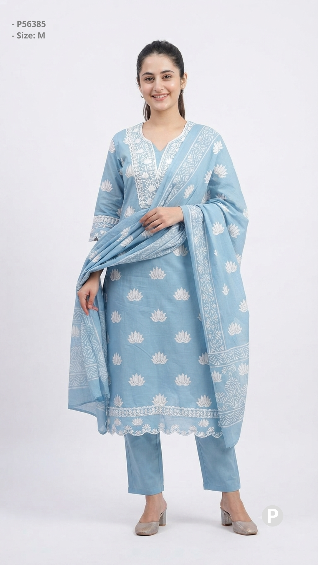 Light Blue Cotton Printed Kurti Set P56385