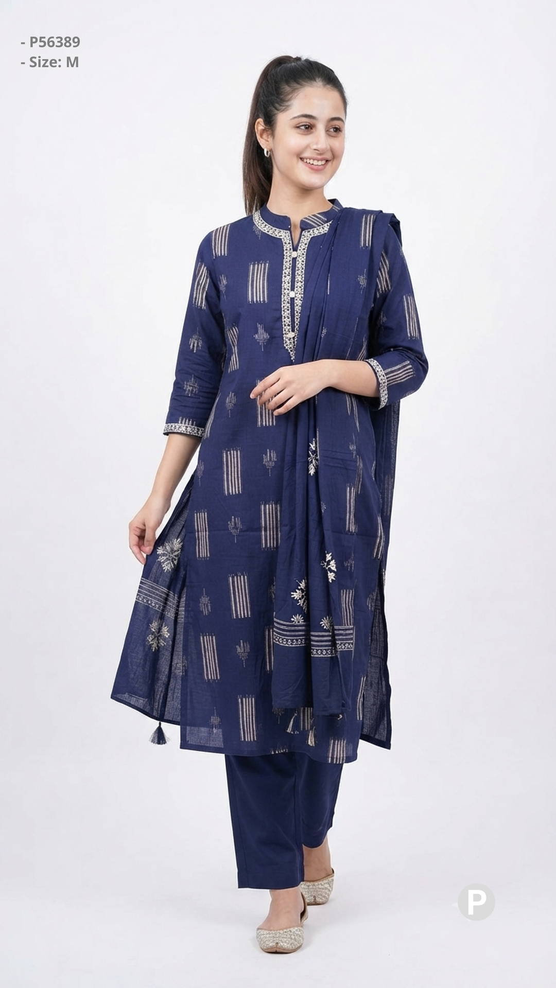 Navy Cotton Printed Kurti Set | P56389