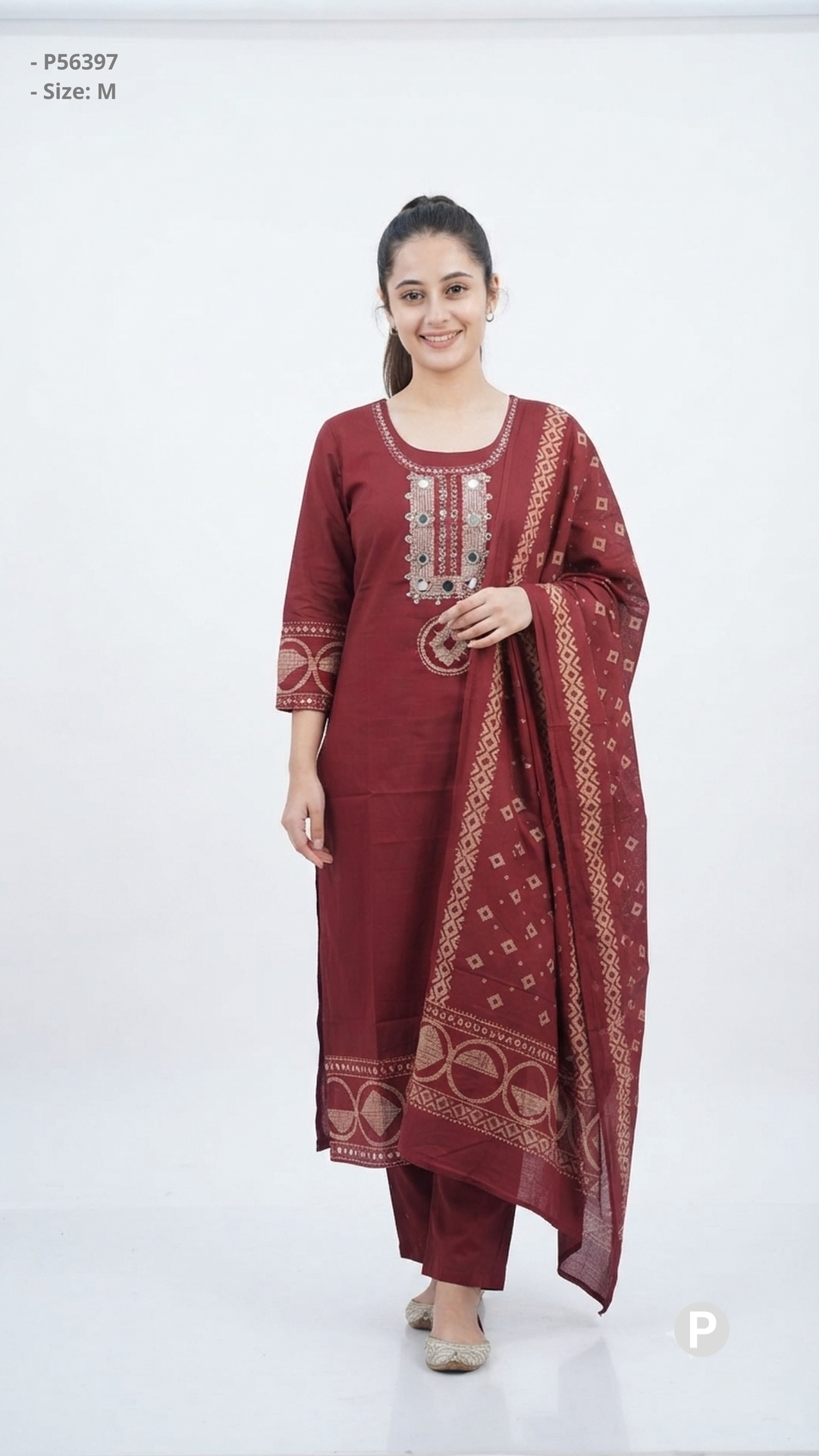 Maroon Cotton Printed Kurti Set | P56397