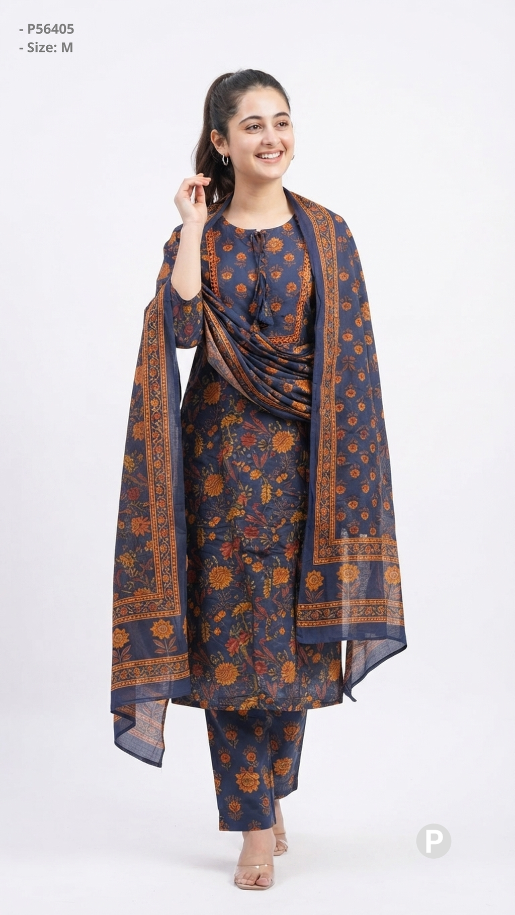 Navy Blue Cotton Printed Kurti Set | P56405
