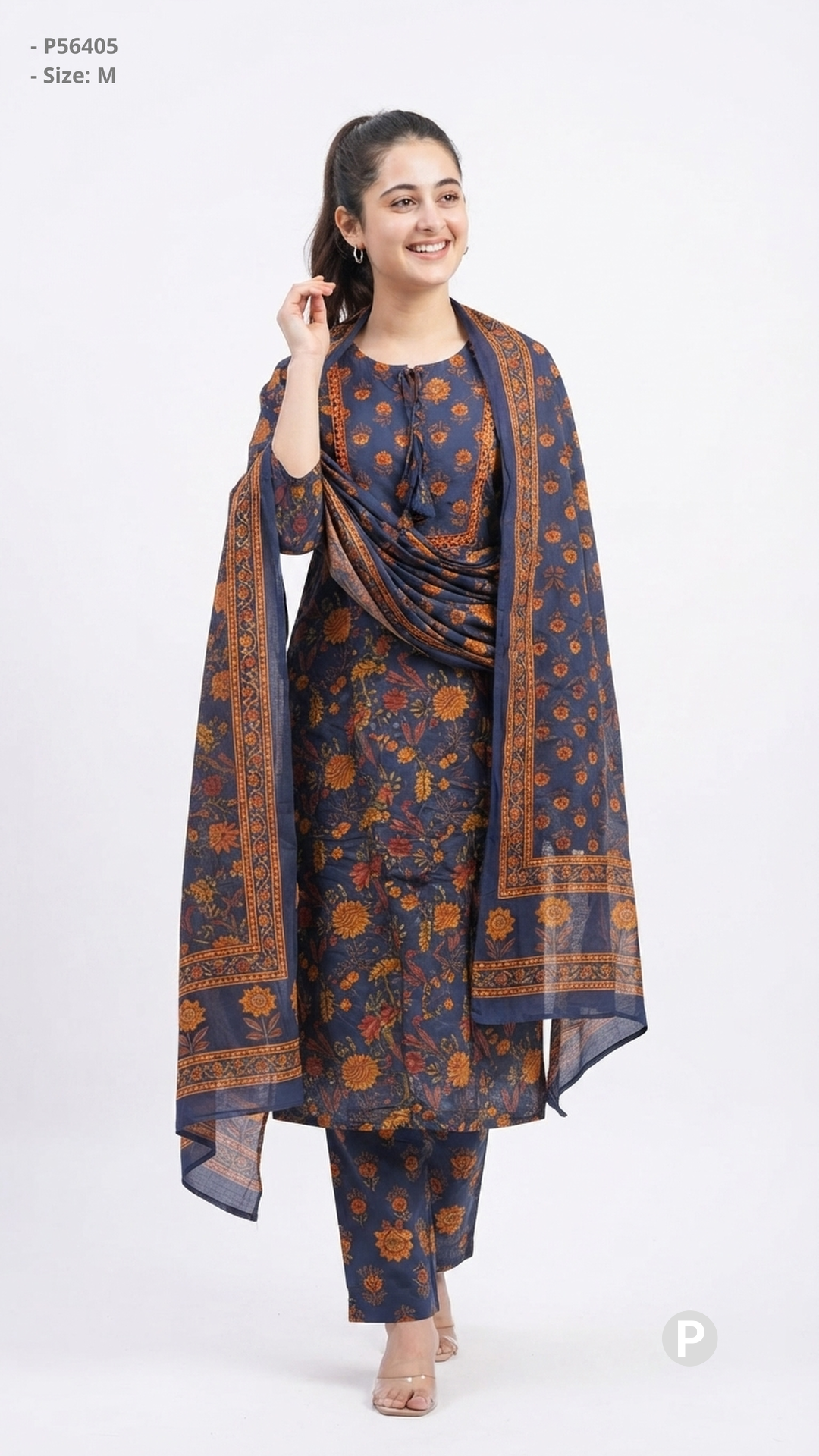 Navy Blue Cotton Printed Kurti Set | P56405