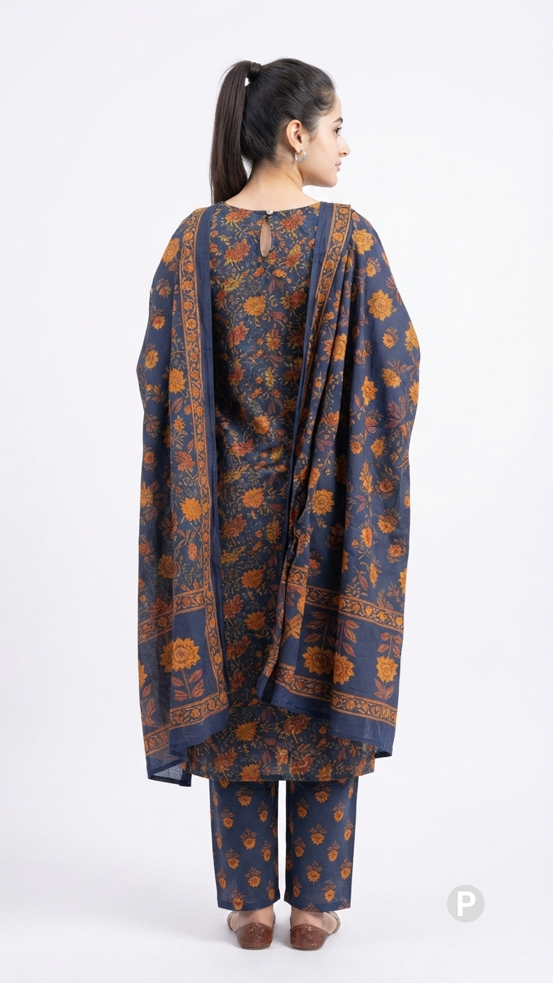 Navy Blue Cotton Printed Kurti Set | P56405