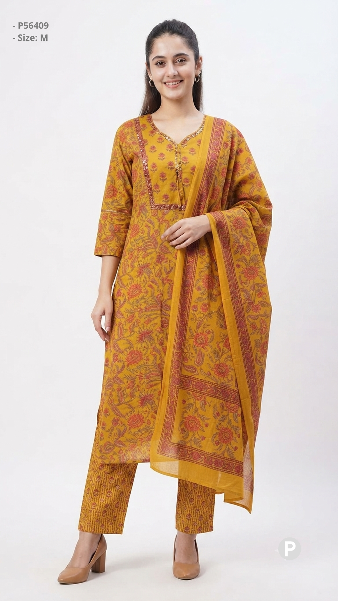 Yellow Cotton Printed Kurti Set | P56409