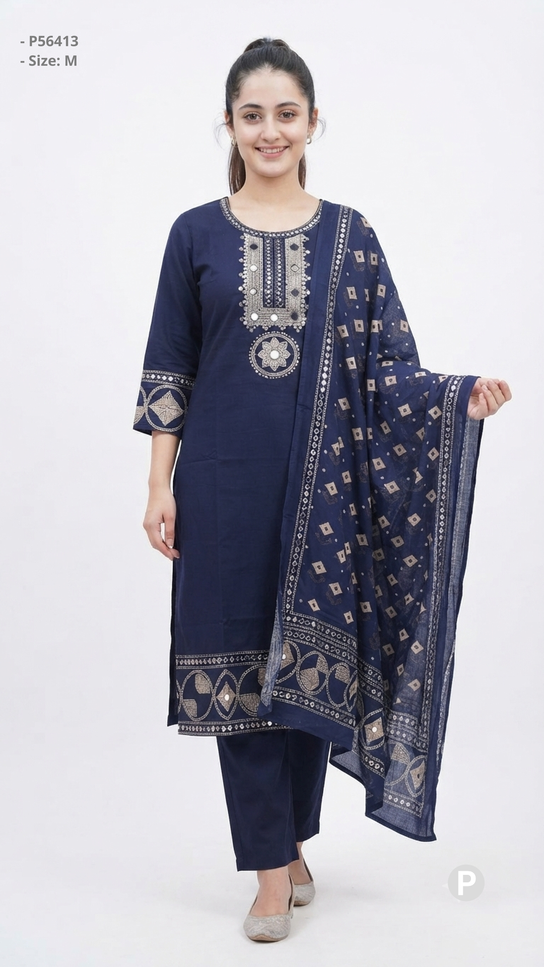Navy Cotton Printed Kurti Set | P56413