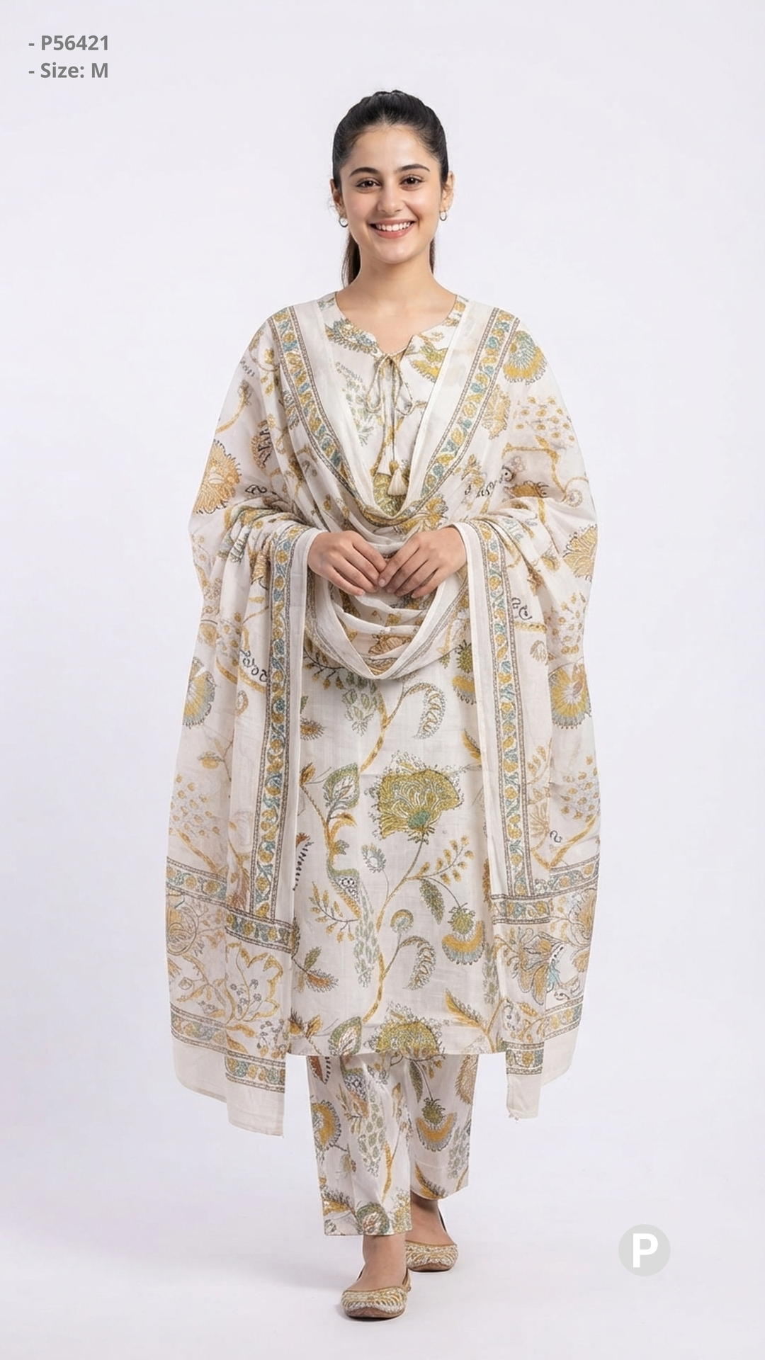 White Cotton Printed Kurti Set | P56421