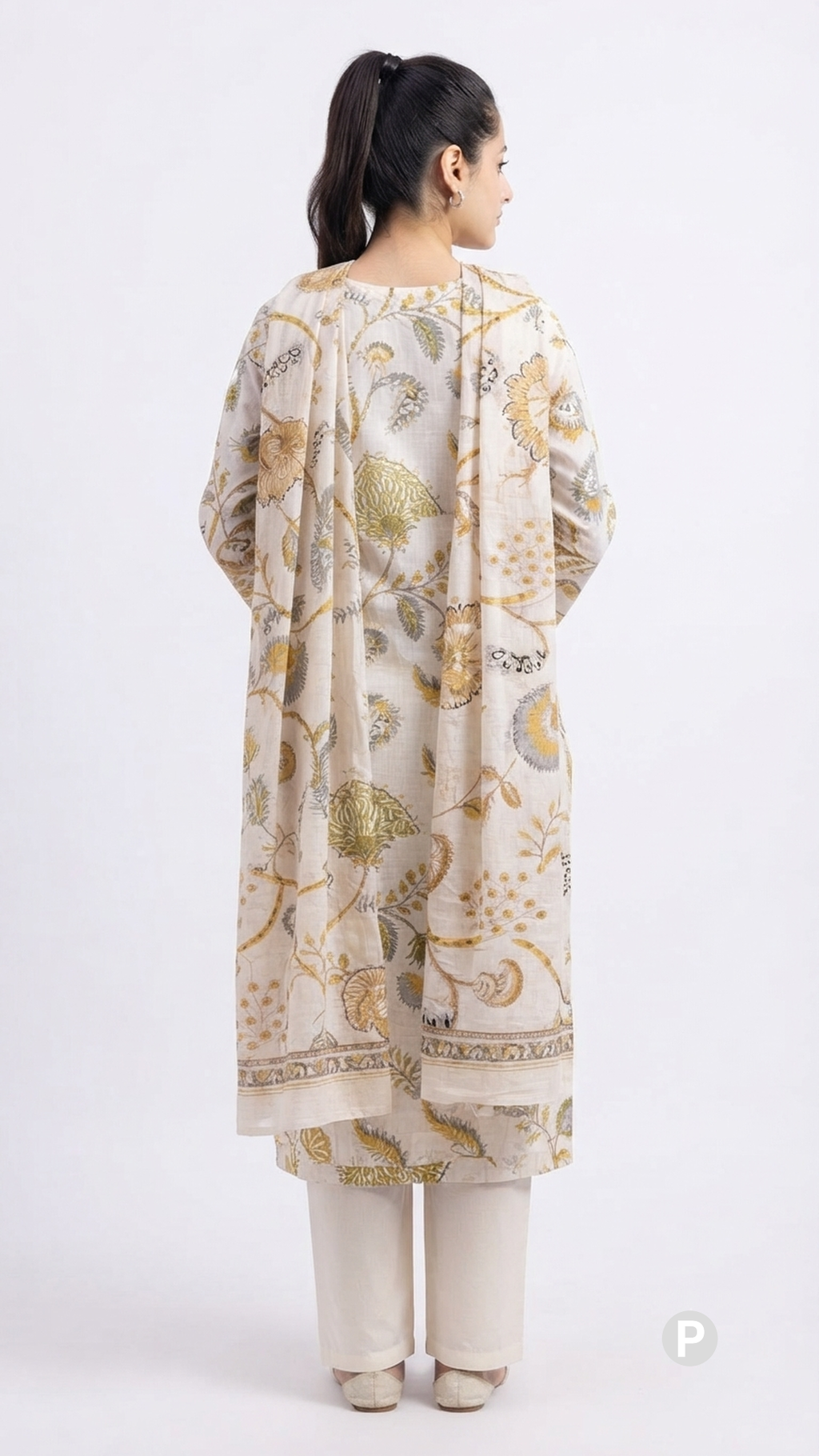White Cotton Printed Kurti Set | P56421