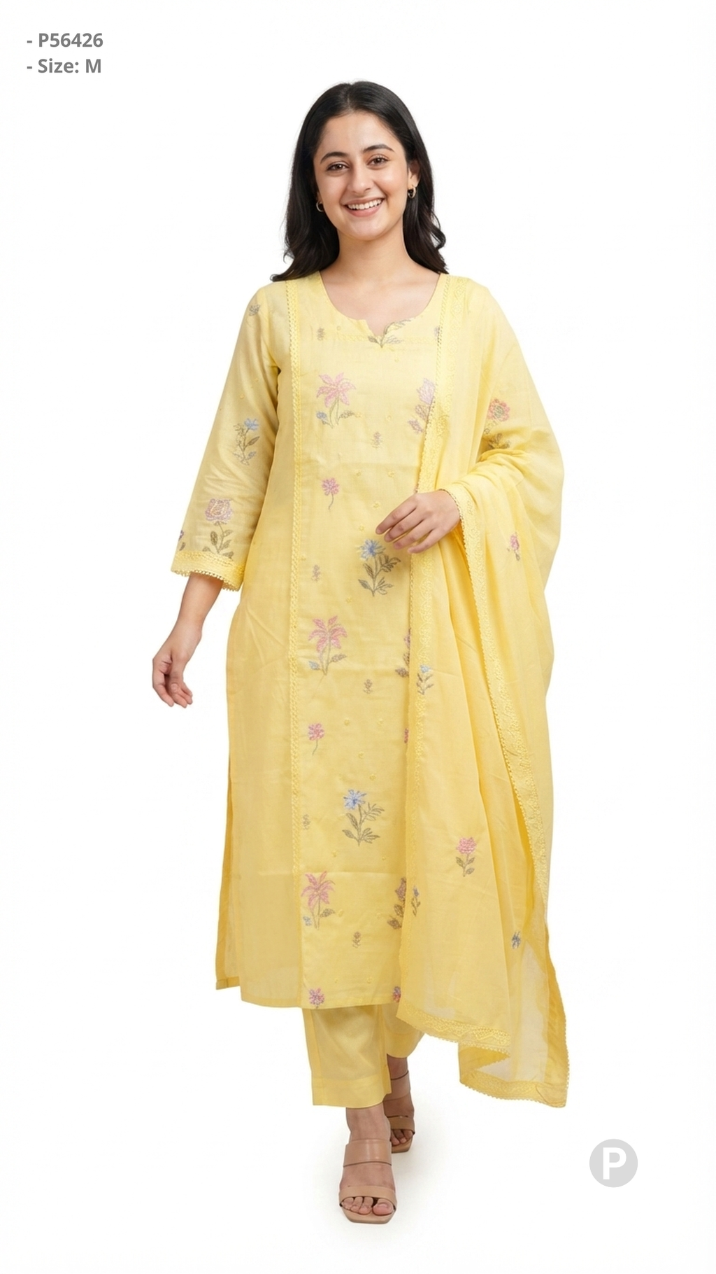 Yellow Cotton Embroidered Kurti Set | P56426