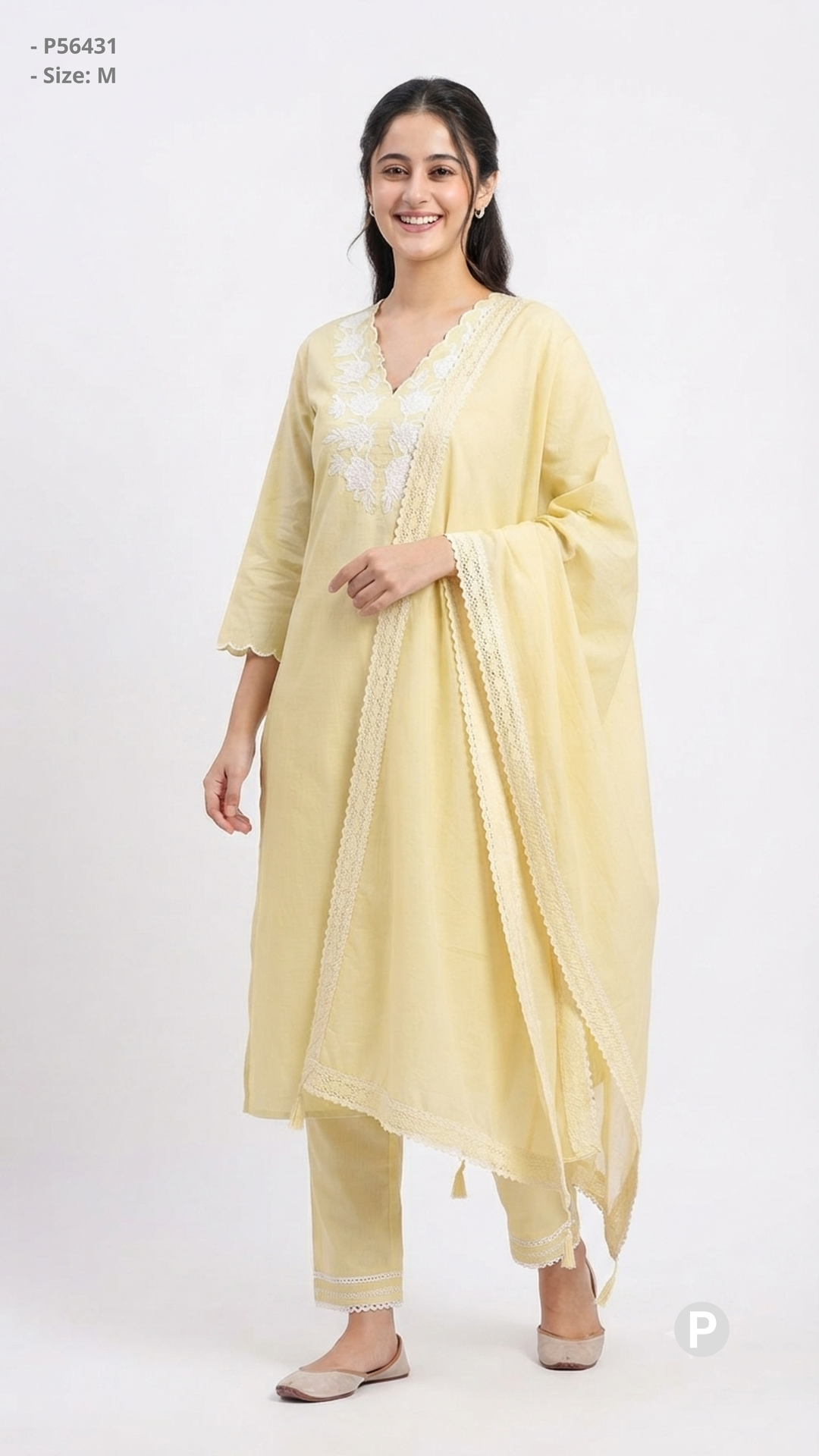 Light Yellow Cotton Embroidered Kurti Set | P56431