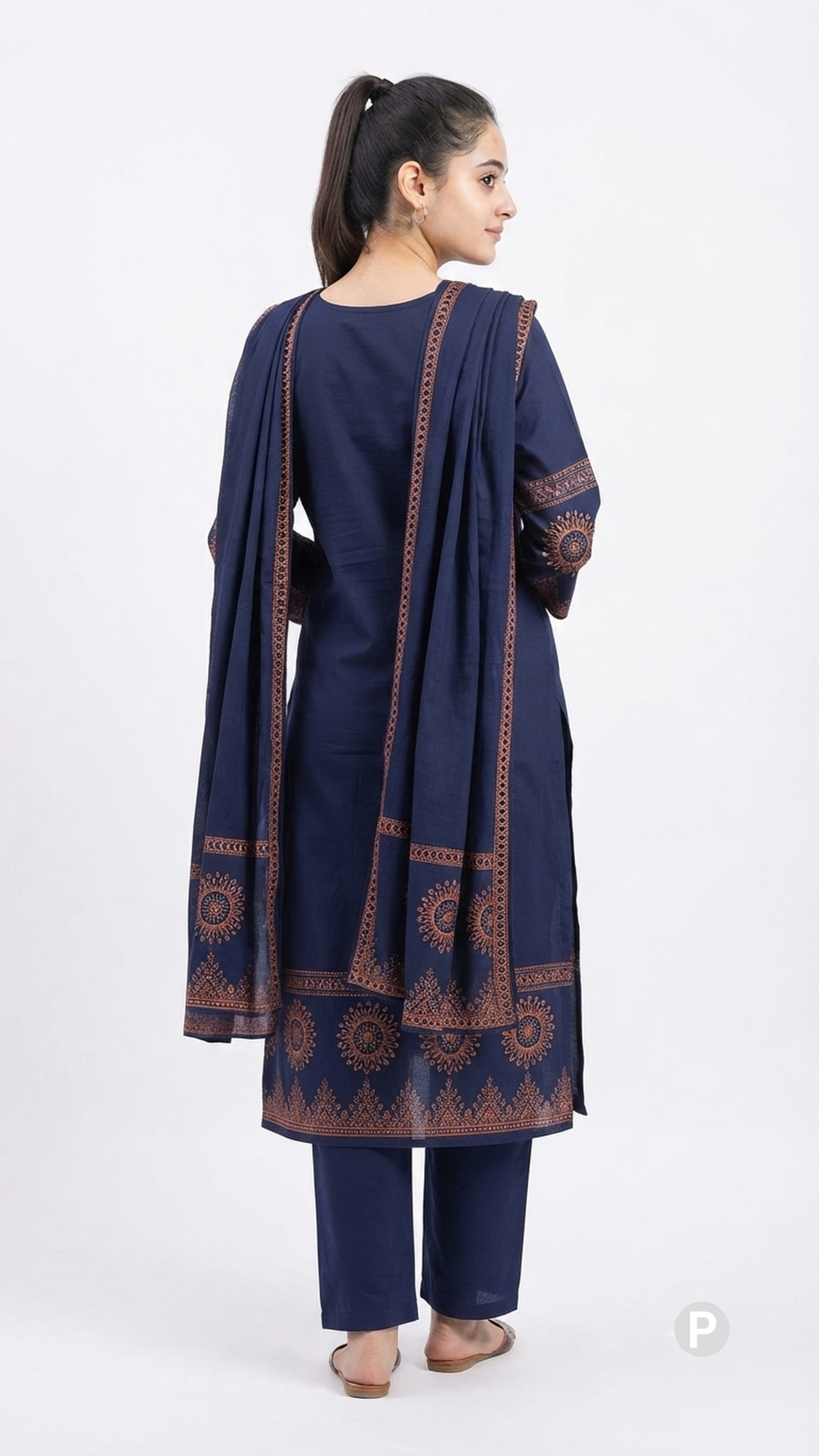 Navy Blue Cotton Printed Kurti Set | P56445